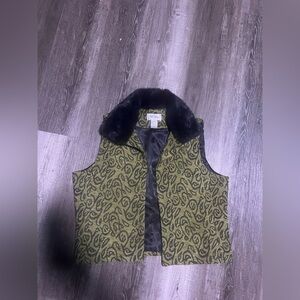 Bob Mackie sz 16 Green and Black Textured Vest faux fur collar detachable